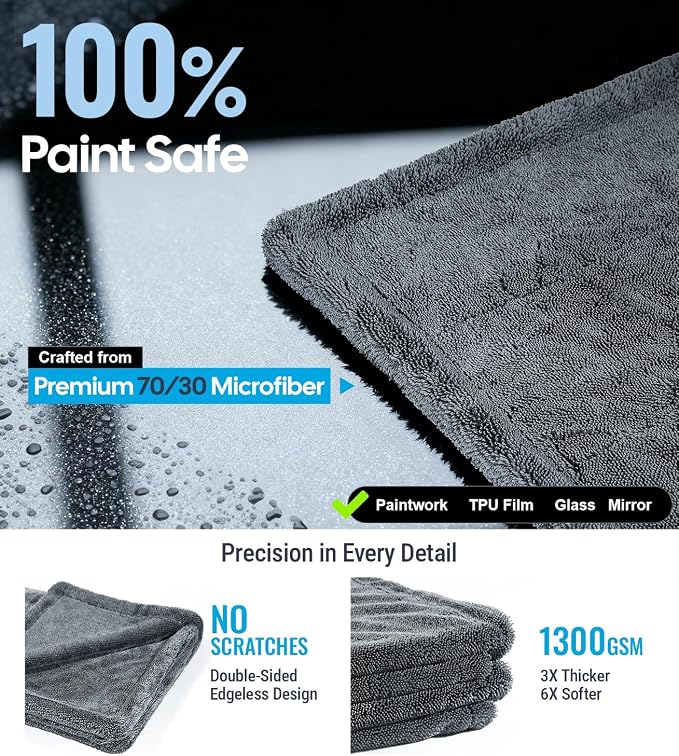 Premium Microfiber Car Drying Towel 1300 GSM, 36" x 24" [Ultra-Absorbent, Streak-Free] Dual-Sided Edgeless Cleaning Towels with Twisted Loop, for Auto Detailing, Cars, SUV, Truck (2 Sizes)