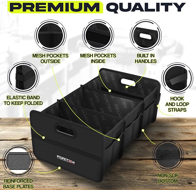 Car Trunk Organizer, Collapsible Two Compartment Organizer, Foldable SUV & Truck Storage for Car Accessories for Women Men, Non Slip Bottom, Sturdy Side Walls, Strong Handles, 75L