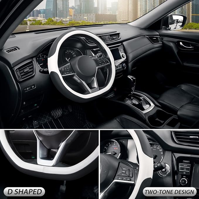 Flat Bottom Steering Wheel Cover, D Shaped Car Wheel Cover 14 1/2-15 in. (37-39 cm), Black White Microfiber Leather