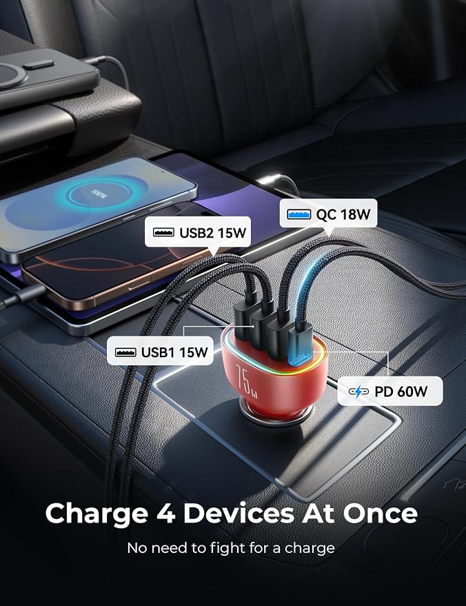 75W Car Charger USB C, 4 Port Super Fast Cigarette Lighter USB Charger, Type C 60W & QC 3.0 Multiport Car Phone Adapter Accessories for iPhone 17/16/15/14/13/12 Pro Samsung S26 Series, Android, Red