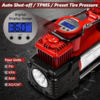Dual Cylinder Tire Inflator Air Compressor, 150 PSI 12V DC Portable Air Pump with Digital Display, LED Flashlight, Auto Shut-Off, Heavy Duty for Truck, SUV, Car, RV (RED)