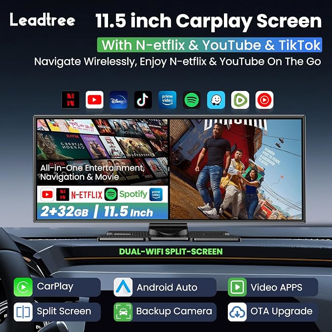 Largest 11.5 inch Wireless CarPlay Screen for Car,Built-in N-etflix/YouTube/TikTok and other apps,A-pple CarPlay & Android Auto screen with1080P Backup Camera/Navigation/Voice Control,for All Vehicles