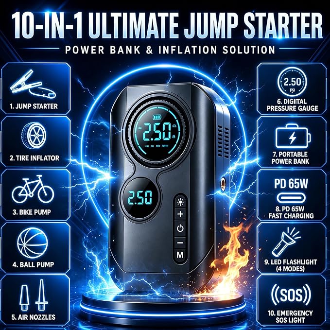 8000A Jump Starter with Air Compressor, Portable Tire Inflator, German-Tech Fast-Charging Power Bank Car Battery Booster for Car Owners Camping, Road Trips, Family Safety & Gift Giving (A3)