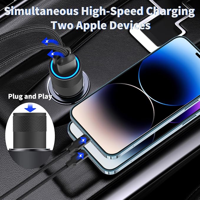 【MFi Certified】iPhone Car Charger Fast Charging, 4.8A Dual USB Smart Power Cigarette Lighter USB Car Charger with 2Pack Lightning Braided Cable for iPhone 14 13 12 11 Pro XS Mini XR X SE iPad