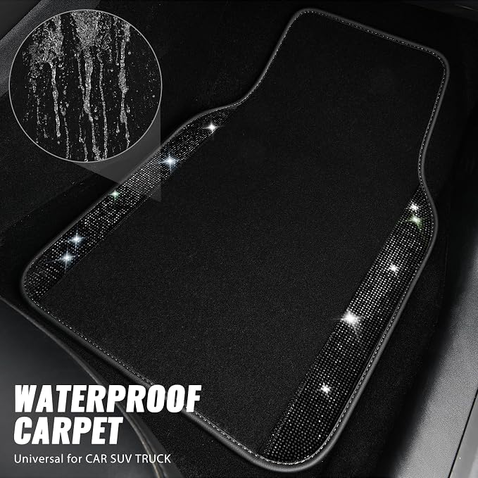 Bling Diamond Leather Steering Wheel Cover 14.5in-15in Floor Mats Shining Rhinestone Carpet Sparkly Glitter Crystal Anti-Slip Pad Fit Automotive SUV Pickup Truck Girl Women, 5pcs Black
