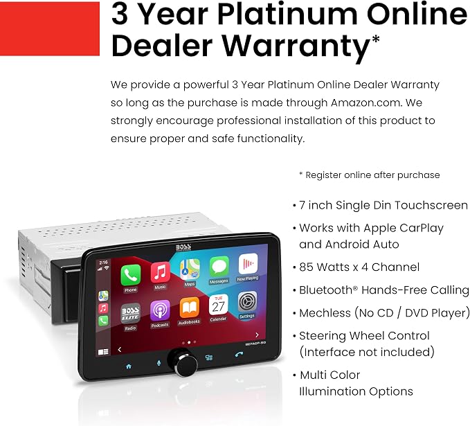 Elite Series BE7ACP-SD Car Stereo System - Apple CarPlay, Android Auto, 7 Inch Single Din, Touchscreen, Bluetooth Head Unit, Radio Receiver, No CD Player, Hook Up to Amplifier