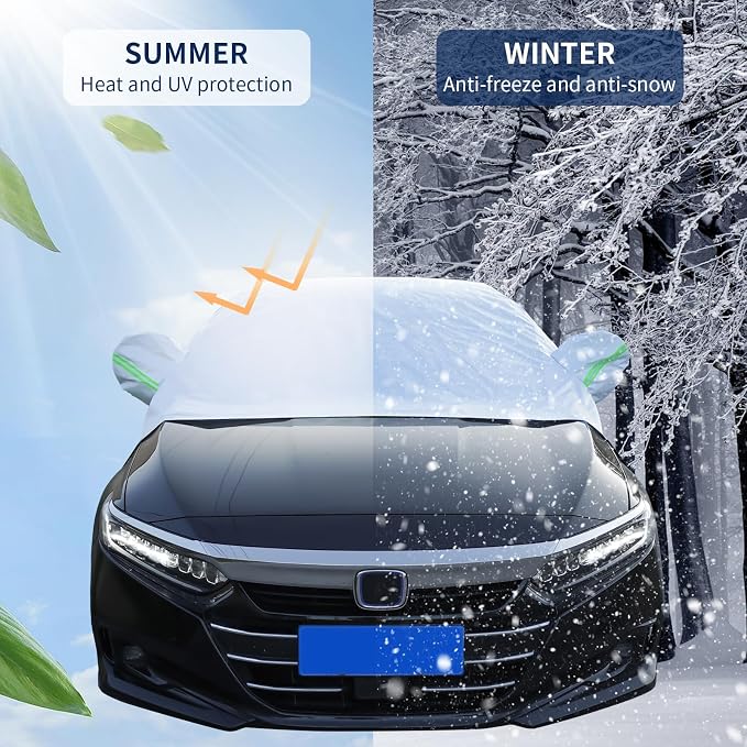 Hrozny Car Snow Cover, Half Car Cover Sedan Waterproof All Weather, Winter Car Windshield Cover for Ice and Snow, Frost Guard Windshield Cover Universal Fit for Most Cars (Sedan)