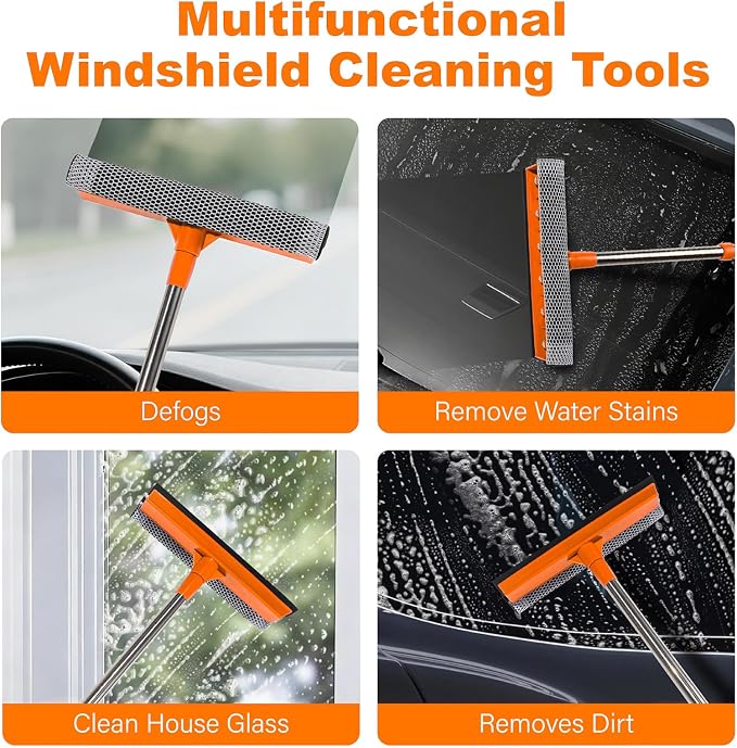 2 in 1 Car Windshield Squeegees with 15.3"-23.6" Retractable Stainless Steel Handle, Windshield Cleaner Tool for Cars, Trucks, Glass Doors, Shower Glass, Outdoor Windows, Orange