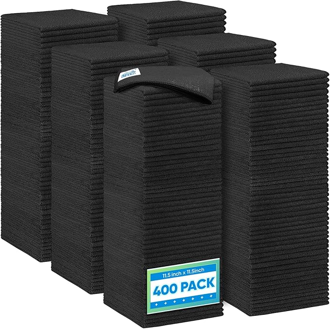 Black Microfiber Cleaning Cloth 400 Pack, 11.5 x 11.5 inch Bulk Shop Towels | Reusable Cleaning Rags for Cars, Kitchen, Window, Garage and House, Ultra Absorbent, Lint Free, Streak Free