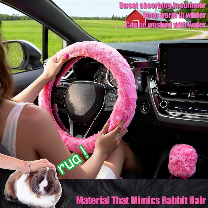 Furry Car Steering Wheel Cover with Fluffy Gear Shift Cover and Center Console Cover, Soft Warm Plush Non-Slip, 14 1/2-15 inch, for Women Girls 3 PCS Set, Pink