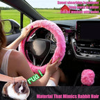 Furry Car Steering Wheel Cover with Fluffy Gear Shift Cover and Center Console Cover, Soft Warm Plush Non-Slip, 14 1/2-15 inch, for Women Girls 3 PCS Set, Pink
