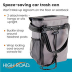 StashAway Heavy Duty Car Trash Can with Rubber Lid, 3 Storage Pockets and Sturdy Panels for Stable Floor or Hanging Seatback Use (Gray)