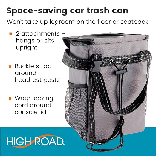 StashAway Heavy Duty Car Trash Can with Rubber Lid, 3 Storage Pockets and Sturdy Panels for Stable Floor or Hanging Seatback Use (Gray)