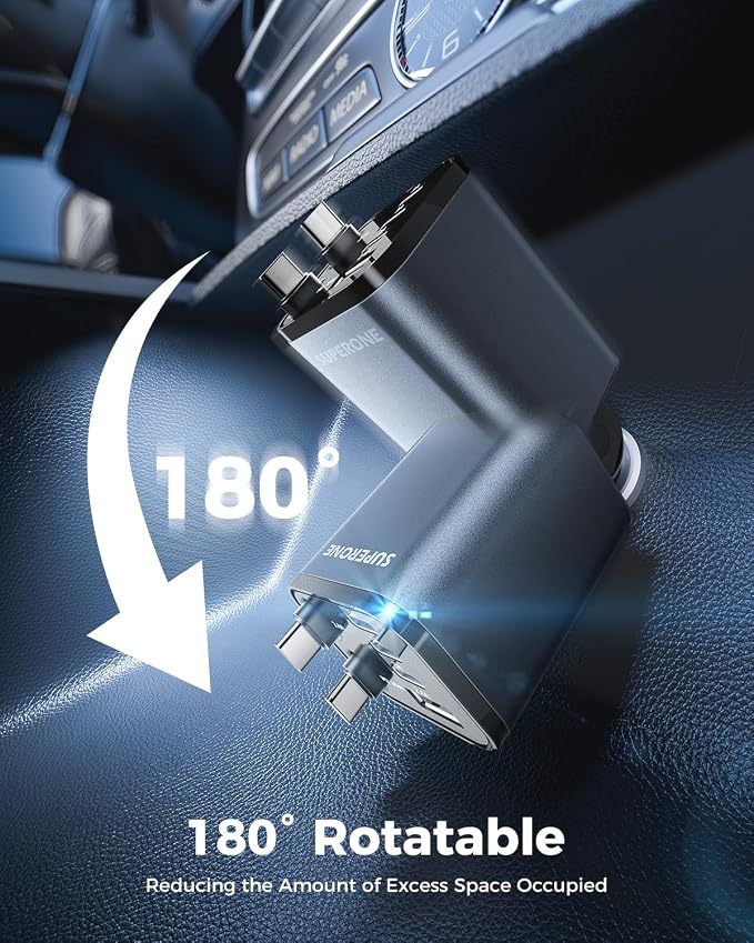 6 in 1 Retractable Car Charger with Dual Type C Cables, 99W Ultra-Compact USB C Car Accessories Adapter with 4 USB Ports, Fast Charging Car Charger for iPhone 17/16/15/14/13/12, Galaxy, iPad