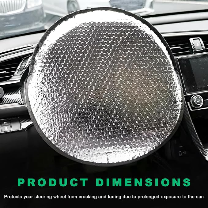 3PCS Steering Wheel Sun Shade and Side Window Sunshades, 17.9" Anti-Heat Aluminum Foil Steering Wheel Cover Window Shades, Wheel Heat Reflector UV Protection Cover for Most Cars