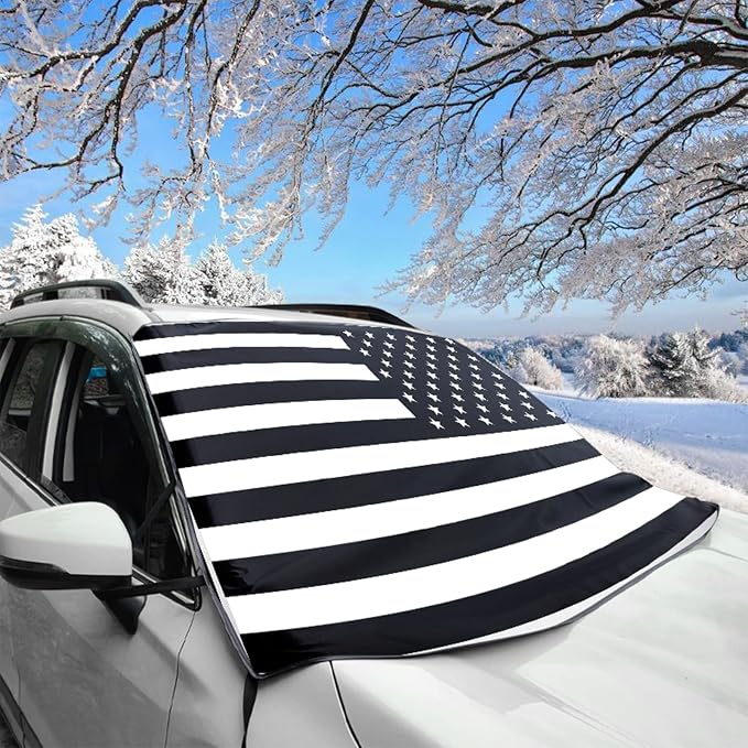 1 PC Car Windshield Snow Cover, American Flag Design Snow & Ice Protection De-Frost Cover, 69" x 42" Four Seasons Universal Shade Anti-UV Cover, Auto Universal Accessories (Black)
