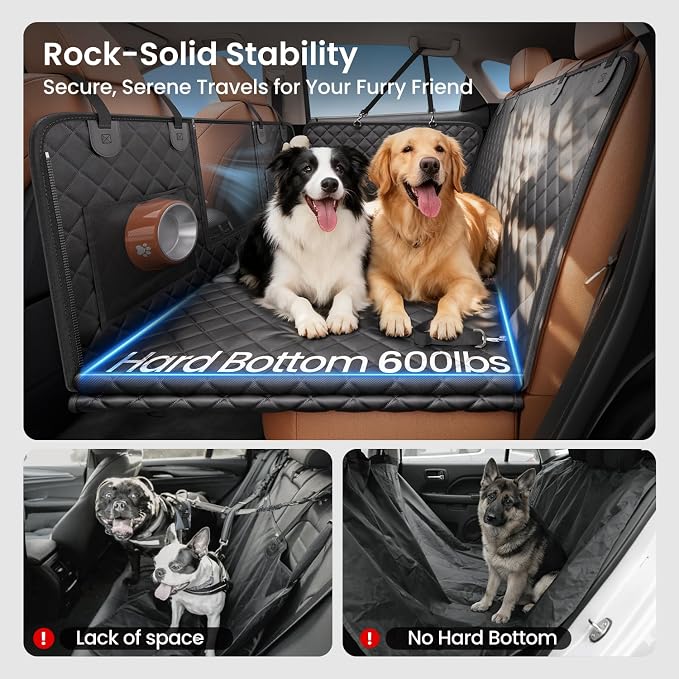 2.0 Hard Bottom Back Seat Extender for Heavy-Duty Dogs, Dog Car Seat Cover with Cushion Sponge, Waterproof Dog Hammock with Mesh Window for Car, Universal Fits for SUV/Small Truck, L, Black