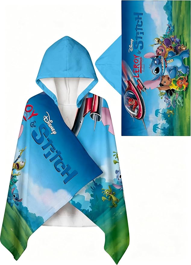 Stitch Printed Soft Cotton Terry Hooded Towel Wrap, Absorbent Hooded Towel for Bath Pool Beach Lounging, 28 in x 55 in