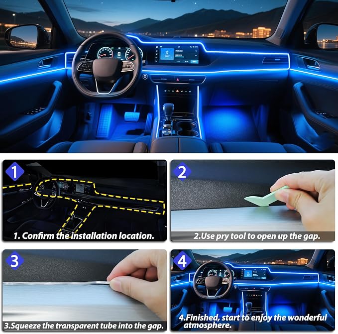 5 in 1 Car Led Strip Lights with App Control, RGB Colors Interior Car Lights, Ambient Led Lighting Kit, 4 Light Flashing Modes, USB Neon Accessories for Doors, Center Console