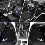 Universal Butterfly Car Seat Covers Front Set, Embroidered Flower Waterproof Car Floor Mats Carpet, Butterflies Steering Wheel Cover for Car Accessories Interior Sets (Black and Purple)