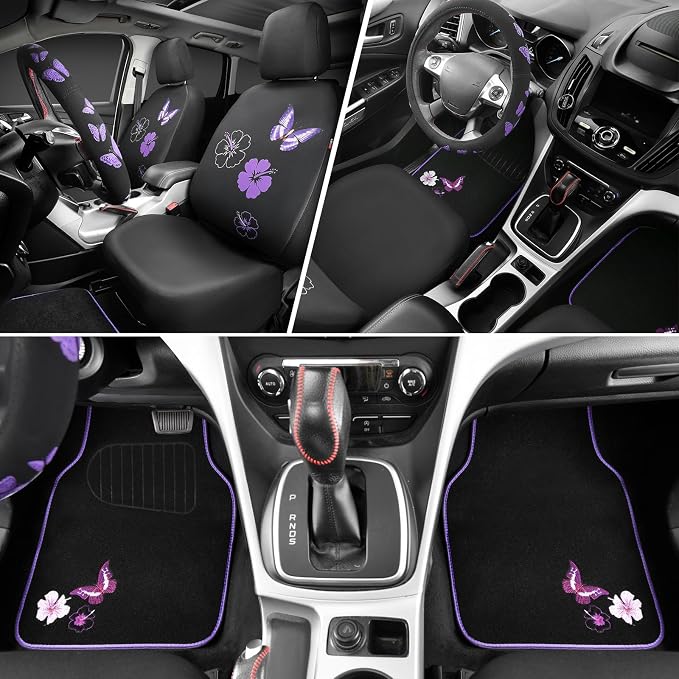 Universal Cloth Butterfly Car Seat Covers Full Set, Embroidered Flower Waterproof Car Floor Mats Carpet, Butterflies Steering Wheel Cover for Car Accessories Interior Sets (Black and Purple)