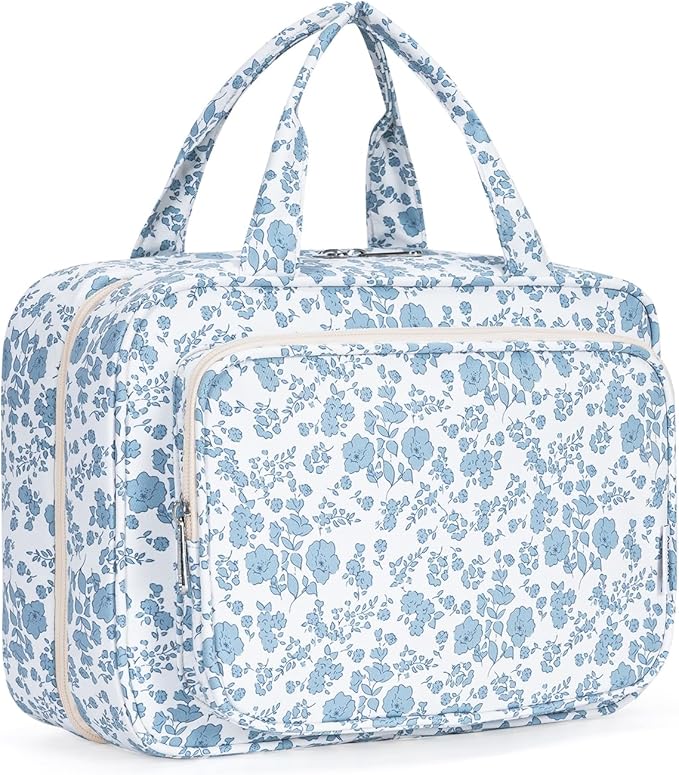 Travel Toiletry Bag for Women Large Hanging Makeup Bag Organizer Toiletries Bag for Full Size Essentials Accessories Cosmetics (Blue Flower (Large))