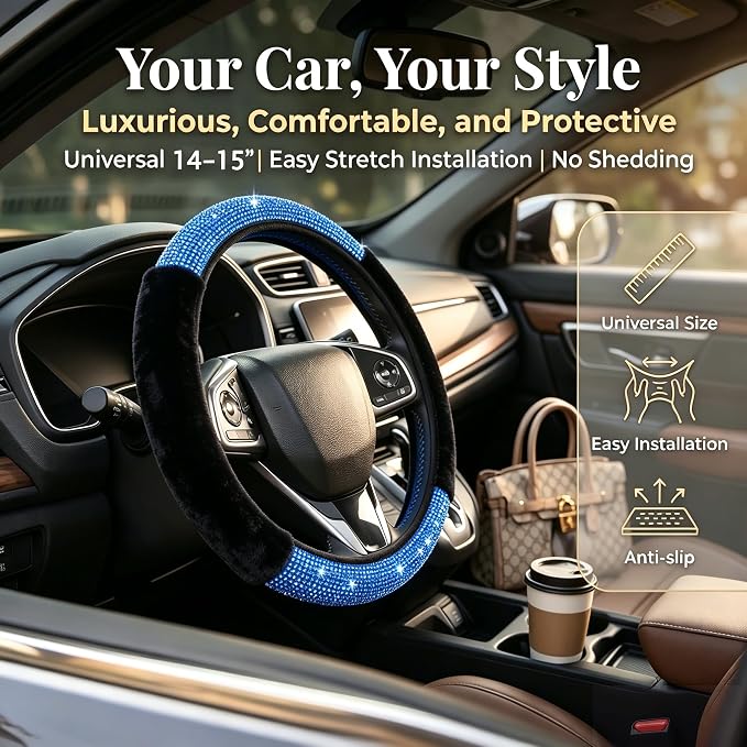 Bling Steering Wheel Cover Fluffy Rhinestone for Women Girls | Blue Diamond Elastic Car Steering Wheel Accessories Sparkling Fur Steering Wheel Protector Winter Warm Universal Fit 14"-15"