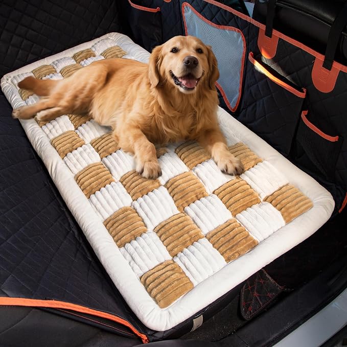 Dog Bed for Car Back Seat Soft Plush Backseat Pet Bed Mat Non-Slip Travel Pet Mat, Fuzzy Plaid Dog Seat Cover, Fit for Backseat Extenders and Trucks SUVs (Brown and White, 54" x 24.8")