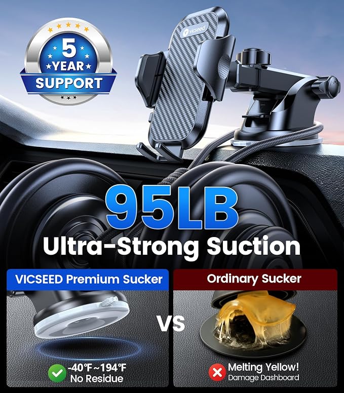 2026 Ultimate Sturdy Car Phone Holder [Upgraded 95+LBS Strongest Suction] Universal Long Arm Cellphone Mount for Car Dashboard Windshield Vent Truck Boat for iPhone 17 16 Pro Max & Android