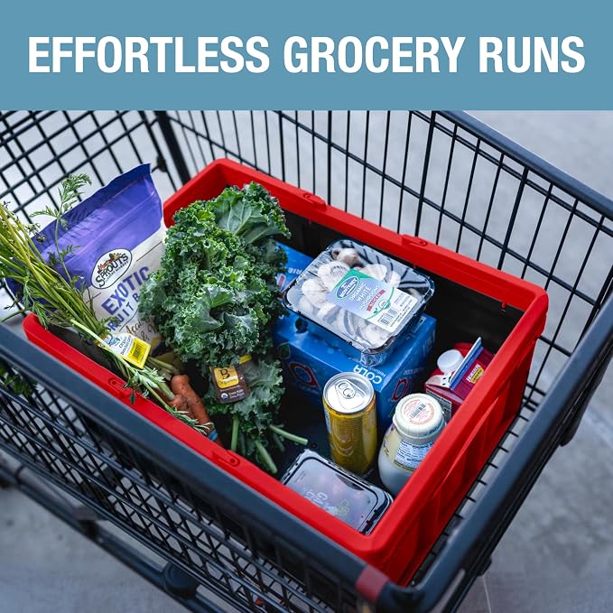 Collapsible Shopping Basket 32L – Folding Grocery Basket with Handles, Stackable Reusable Storage Crate with 35 lb Capacity, Recycled Plastic, Car Trunk Organizer - Red