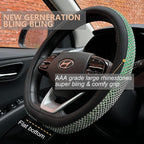 D Shaped Bling Comfy Steering Wheel Cover with Jumbo Crystal Rhinestones, Anti-Slip Diamond Leather, Flat Bottom 14.5-15 Inch (Vivid Green)