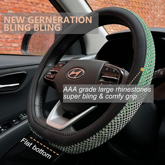 D Shaped Bling Comfy Steering Wheel Cover with Jumbo Crystal Rhinestones, Anti-Slip Diamond Leather, Flat Bottom 14.5-15 Inch (Vivid Green)