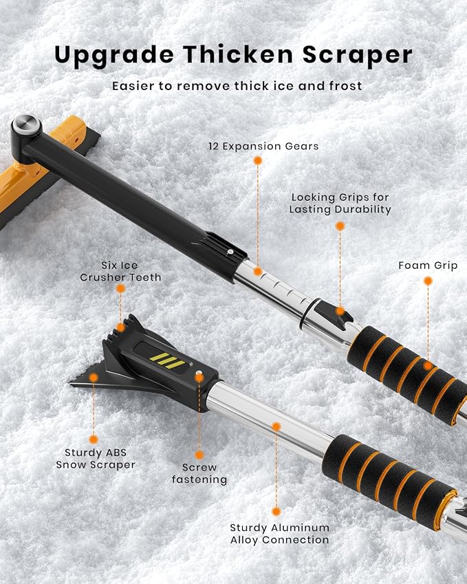 43.7" Extendable Ice Scrapers for Car Windshield for 12 Adjustable Length Settings with Foam Grip and 360° Pivoting Brush Head Detachable Snow Brush for Truck SUV(Orange)