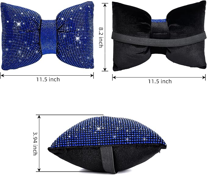 4 PCS Bling Car Pillows,Rhinestones Bowknot Car Headrest Pillow,Car Neck Pillow for Driver Relax Necksupport,Sleeping Travel Support Neck Pillow,Shiny Diamond Interior Accessories for Women,Blue