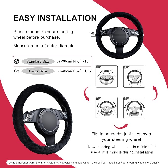 Faux Leather Heavy Duty Inner Ring car Steering Wheel Cover 14.5-15 inches (All Black)