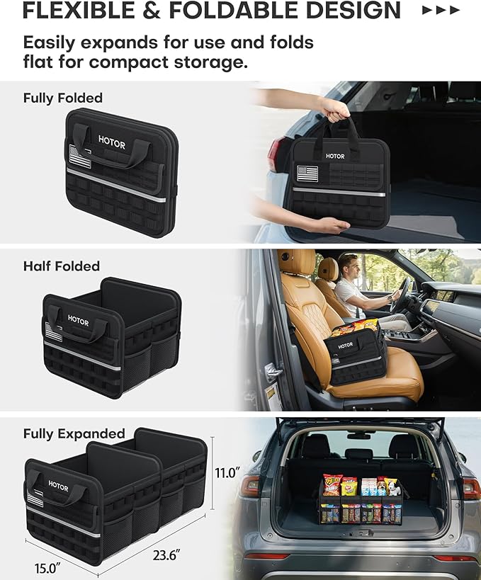 Tactical Car Trunk Organizer - Foldable Trunk Organizer for SUV with Front MOLLE Pocket & Reflective Strips, Essential Car Accessories for Tools & Outdoor Storage, 15.0" x 23.6" x 11.0", Black
