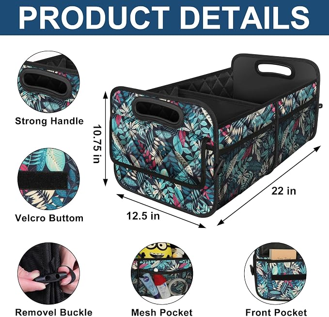 Car Trunk Organizer for SUV, Car Organizers and Storage with Reinforced Handles, Car Accessories for Women/Men 50L Waterproof Polyester Trunk Organizer(Medium, Leaves)