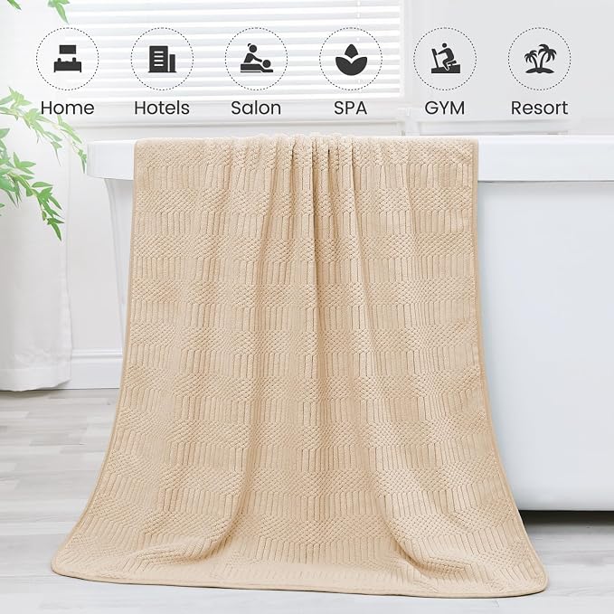 Microfier Bath Towels Set of 2, Large Microfier Body Towel for Adult, 30" x 60", Oversized, Soft, Super Absorbent, Fast Drying, Use for Sauna,Gym,Sport, Fitness, Yoga, Diamond Cross Grid Camel