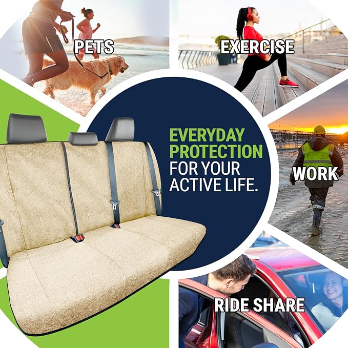 Back Seat Towel Seat Cover for Cars; Great for After Gym Workouts, Dogs, and Outdoor Activities; Universal Fit for Cars SUVs Vans Trucks Rear Seats, EZ fit, Non Slip Grip, Tan