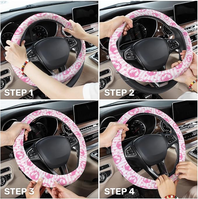 Pink Fairytale Castle Steering Wheel Cover, Polyester Car Wheel Grip, Universal 15 Inch for Cars SUVs Trucks
