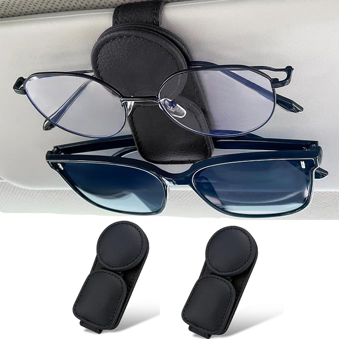KIWEN 2 Pack Sunglasses Holder for Car Visor, Magnetic Leather Sunglass Eyeglass Hanger Clip for Car Sun Visor Accessories (2, Red)
