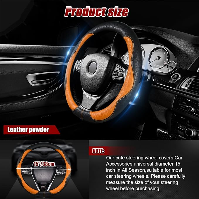 Steering Wheel Cover, Anti Slip Breathable Comfort PU Imitation Leather Cute Car Accessories for Women Girl, Universal Protector in All Season 15 inch Fit Most Car(Orange)