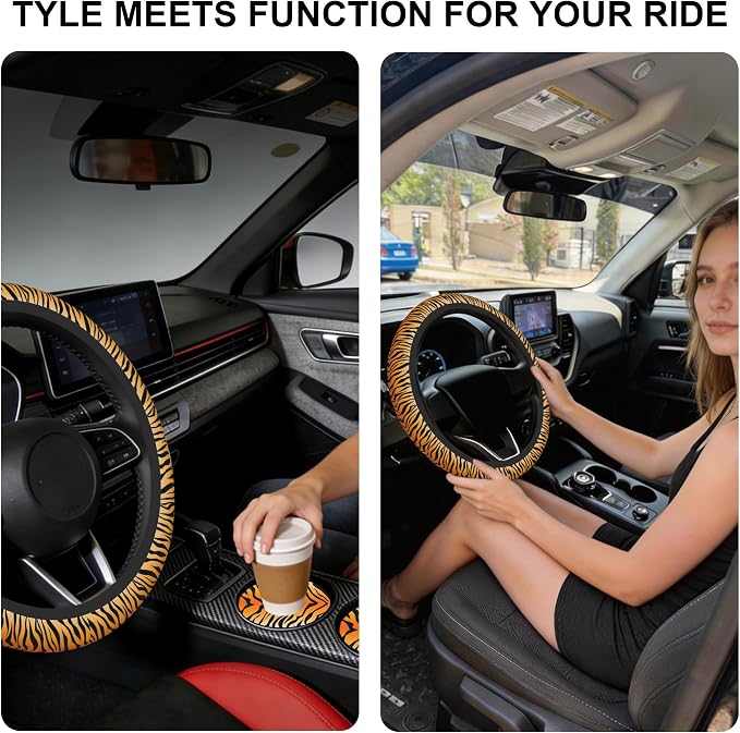 Tiger Stripes Steering Wheel Cover with 2 PCS Cup Coasters for Car,Animal Skin 15 Inch Non-Slip Neoprene Steering Wheel Covers,Breathable Car Accessories Fit for Men Women