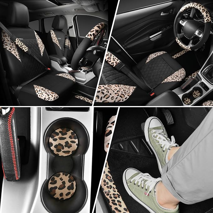 Leopard Print Faux Leather Car Seat Covers & Leopard Car Mats&Leopard Steering Wheel Cover Seat Belt Pad Universal Car Accessories for SUV,Van,Saden,Truck Automobile Interior Sets