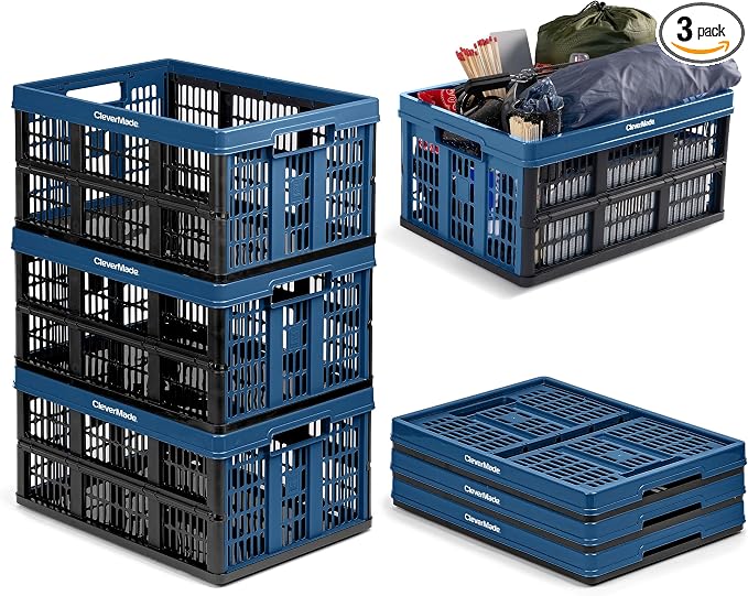 Collapsible Utility Crates, Ocean, 3 Pack, 45L/11 Gal, 66 lbs Capacity, Stackable Containers, Heavy Duty, Space-Saving Baskets,Polypropylene (PP)