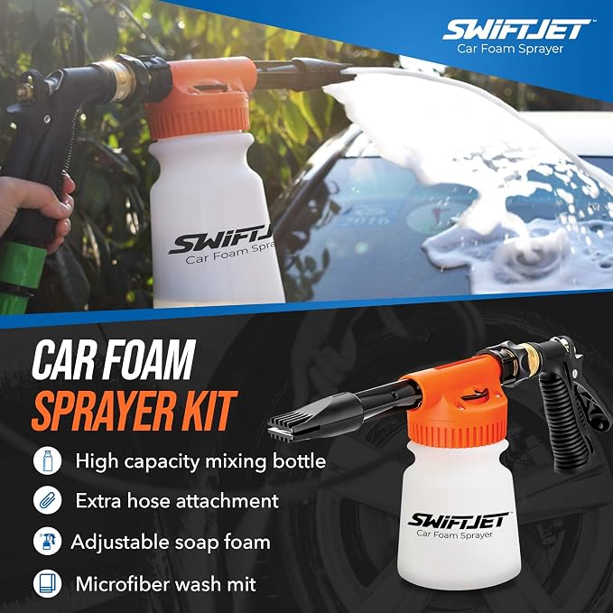 Car Wash Foam Gun + Microfiber Wash Mitt - Foam Cannon Works with Any Soap - Garden Hose Car Foam Sprayer - Car Wash Kit - Car Accessories Foam Blaster (Orange Foam Gun with Mitt)