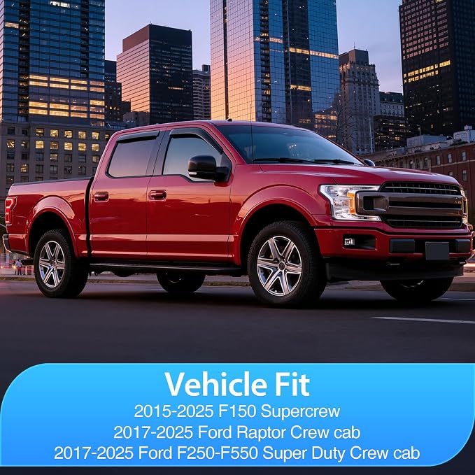 Tape-On Rain Guards for 2015-2025 Ford F150 SuperCrew, 2017-2025 Ford Raptor Crew Cab, 2017-2025 Ford F250 F350 F450 F550 Super Duty Crew Cab, Outside Mount Window Visor, 4PCS