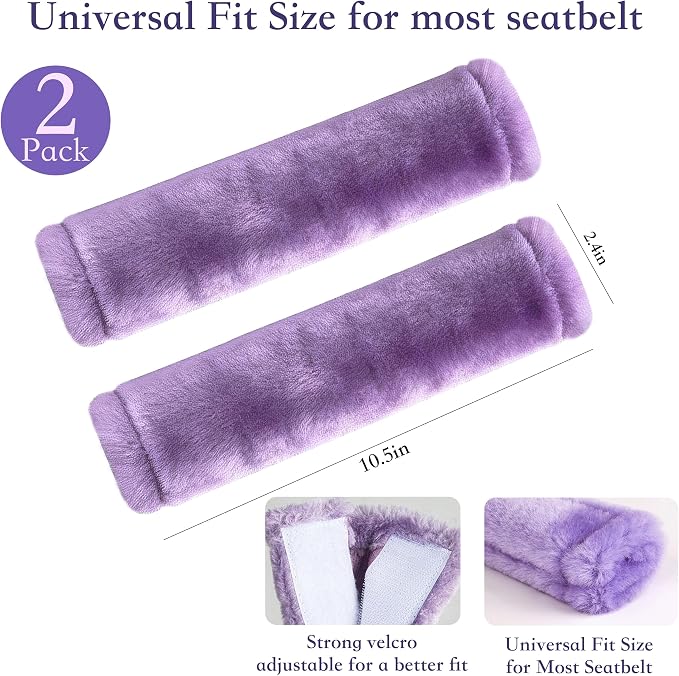 Soft Faux Fur Universal Fit Seatbelt Cover Car Truck SUV Airplane Seat Belt Shoulder Pad for Carmera Backpack Straps Neck Cushion Protector 2 Pack 10.5in Light Lavender