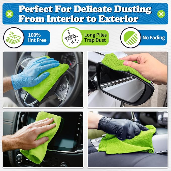 Microfiber Cleaning Cloth, Shop Towels Bulk, 24 Pack Green Microfiber Towels for Cars, All-Purpose Absorbent Cleaning Rags, Dust Cloth for Automotive, Mechanic, Garage, Bar, 12 x 11 inch
