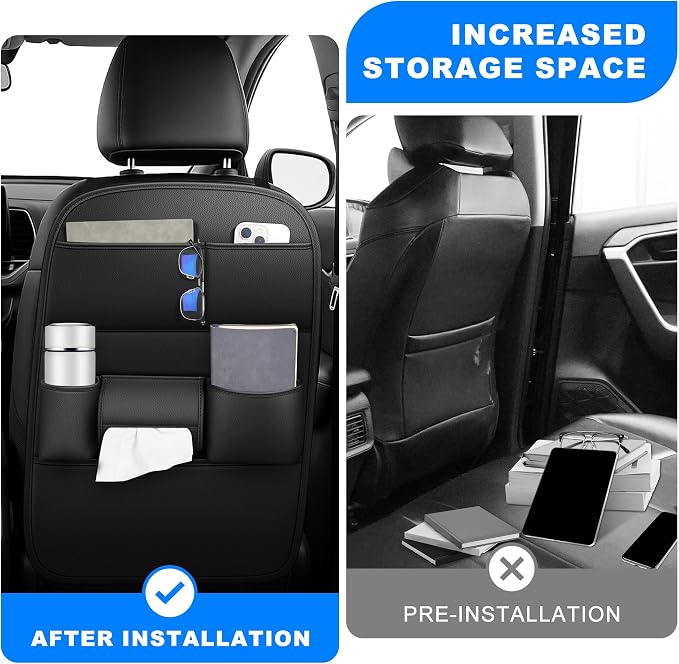 Back Seat Protector 2 Pack Fit for Toyota Grand Highlander Car Kick Mats with Cup & Tissue Storage Organizer Pockets Waterproof Dirt Proof Faux Leather Auto Accessories for Kids(1 Pair Black)